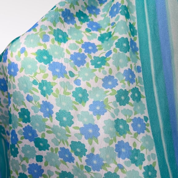 Vintage 60s Glentex Japan Sheer Nylon Floral Scarf Teal Aqua Blue Green Mod - Picture 7 of 10